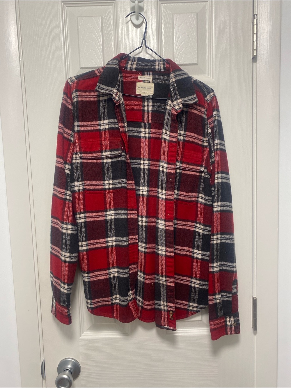 American Eagle Red, Black & White Plaid Flannel Shirt